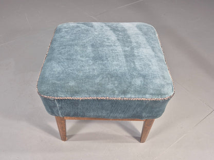 Vintage Danish Mid Century Footstool Blue Velour Upholstery 1950s Retro EB12053