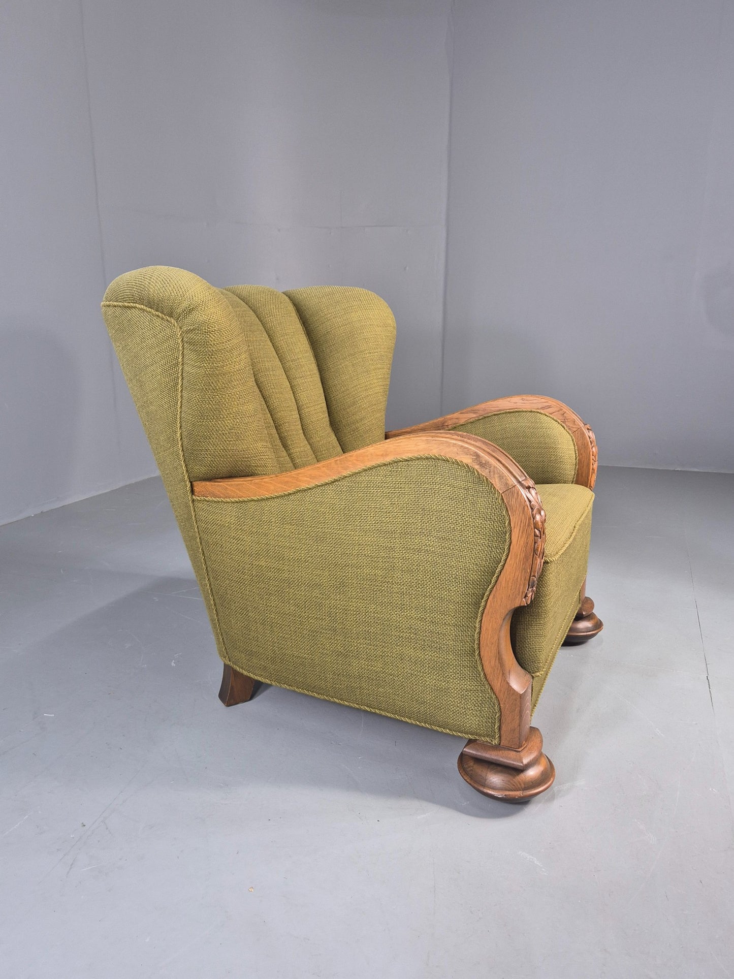 Vintage Art Deco Lounge Chair Danish Oak Shell Back 1940s Retro Green EB12693