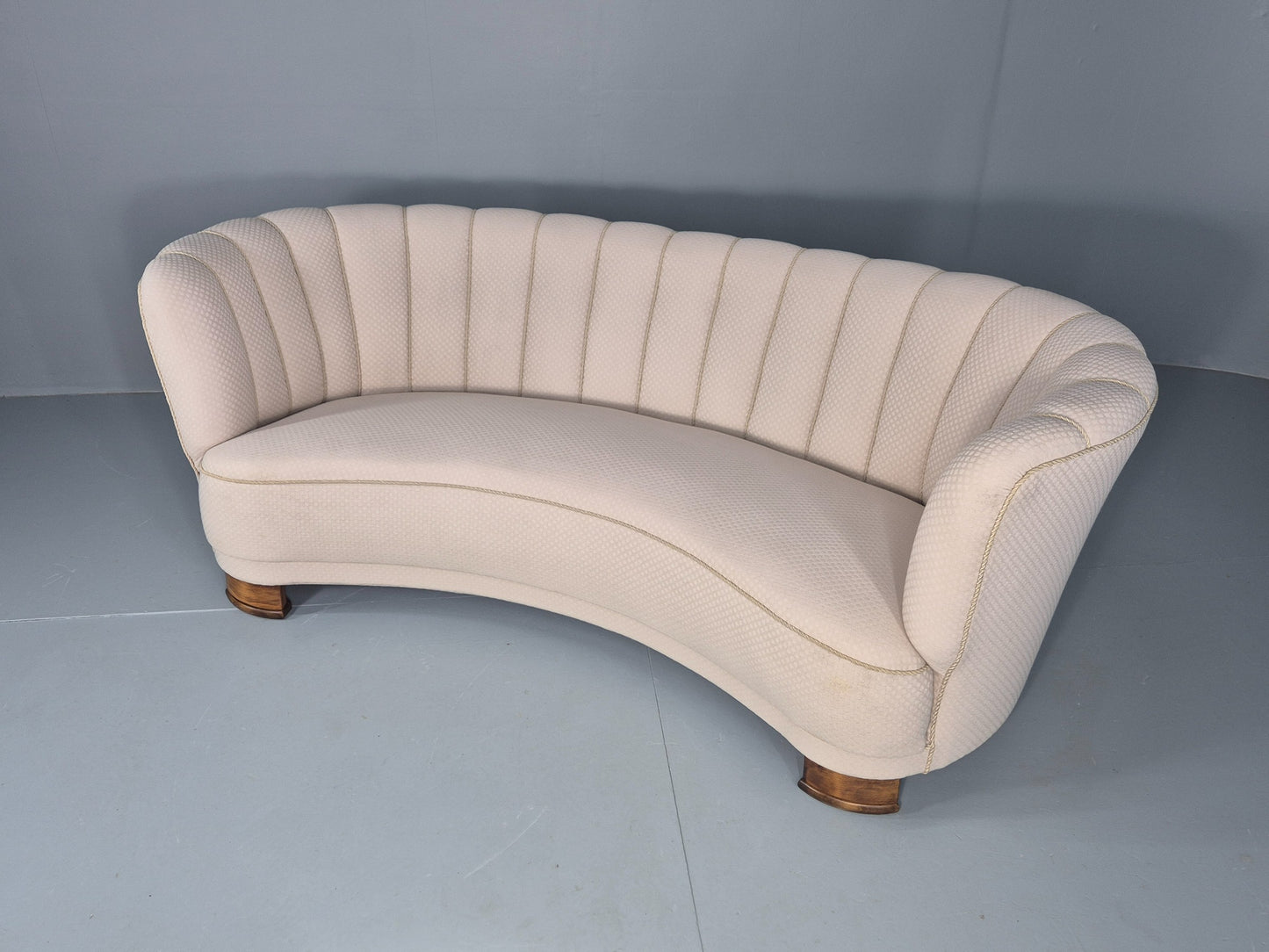 Vintage Danish Banana Sofa Art Deco 3 Seater Cream Cotton Upholstery EB12396