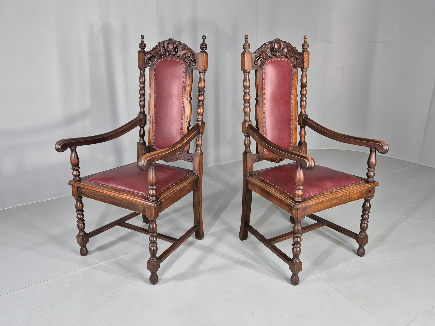 2 Antique Baroque Revival Oak Throne Chairs Late 19th Century EB12259