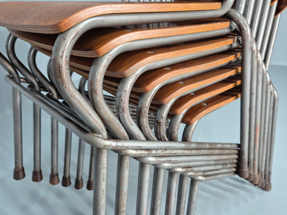 9 Vintage Danish Stacking Industrial Chairs Teak and Steel 1960s Retro EB12403