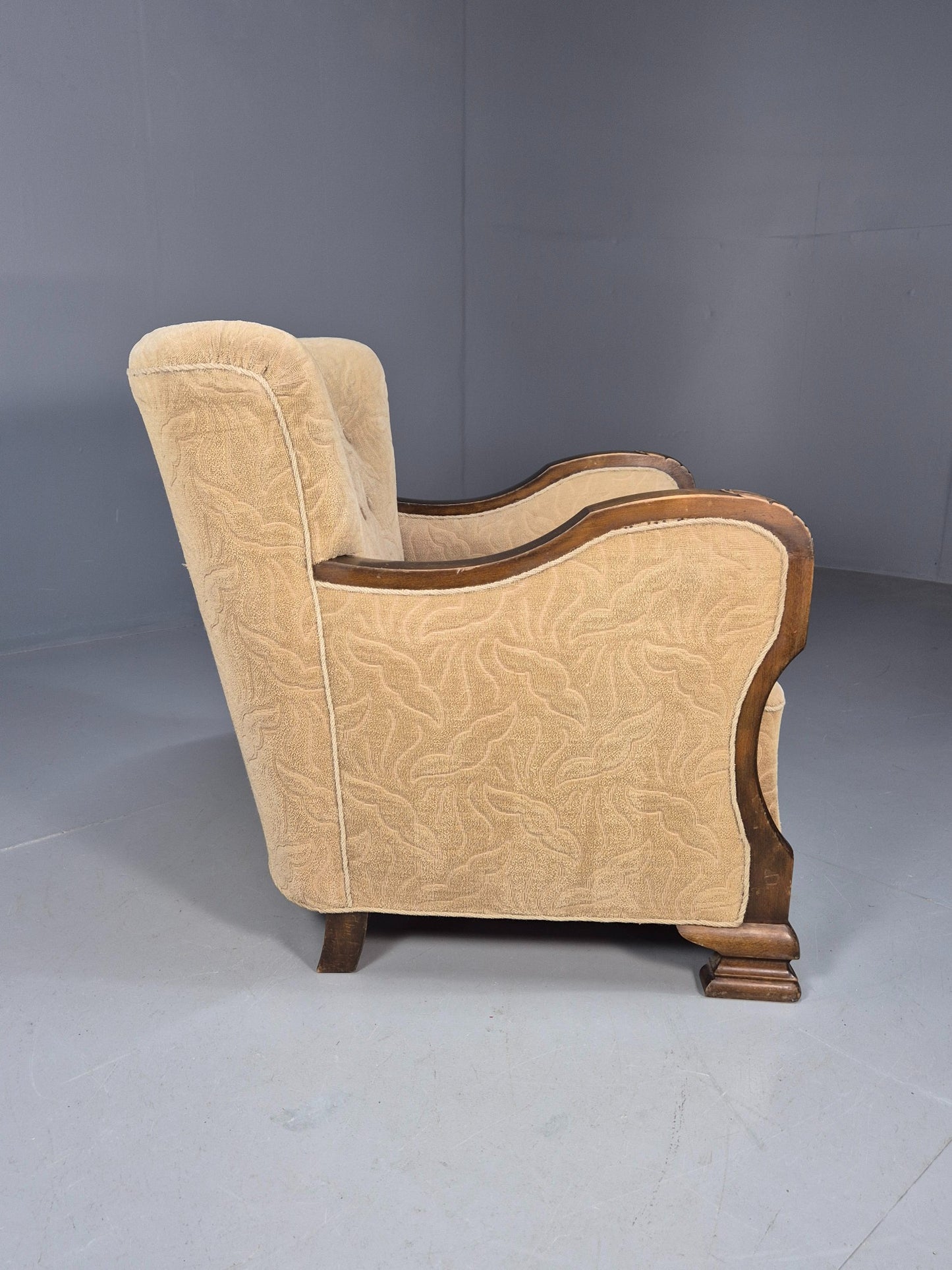Antique Danish Art Deco Armchair Cream Moquette Beech Frame 1920s EB02887