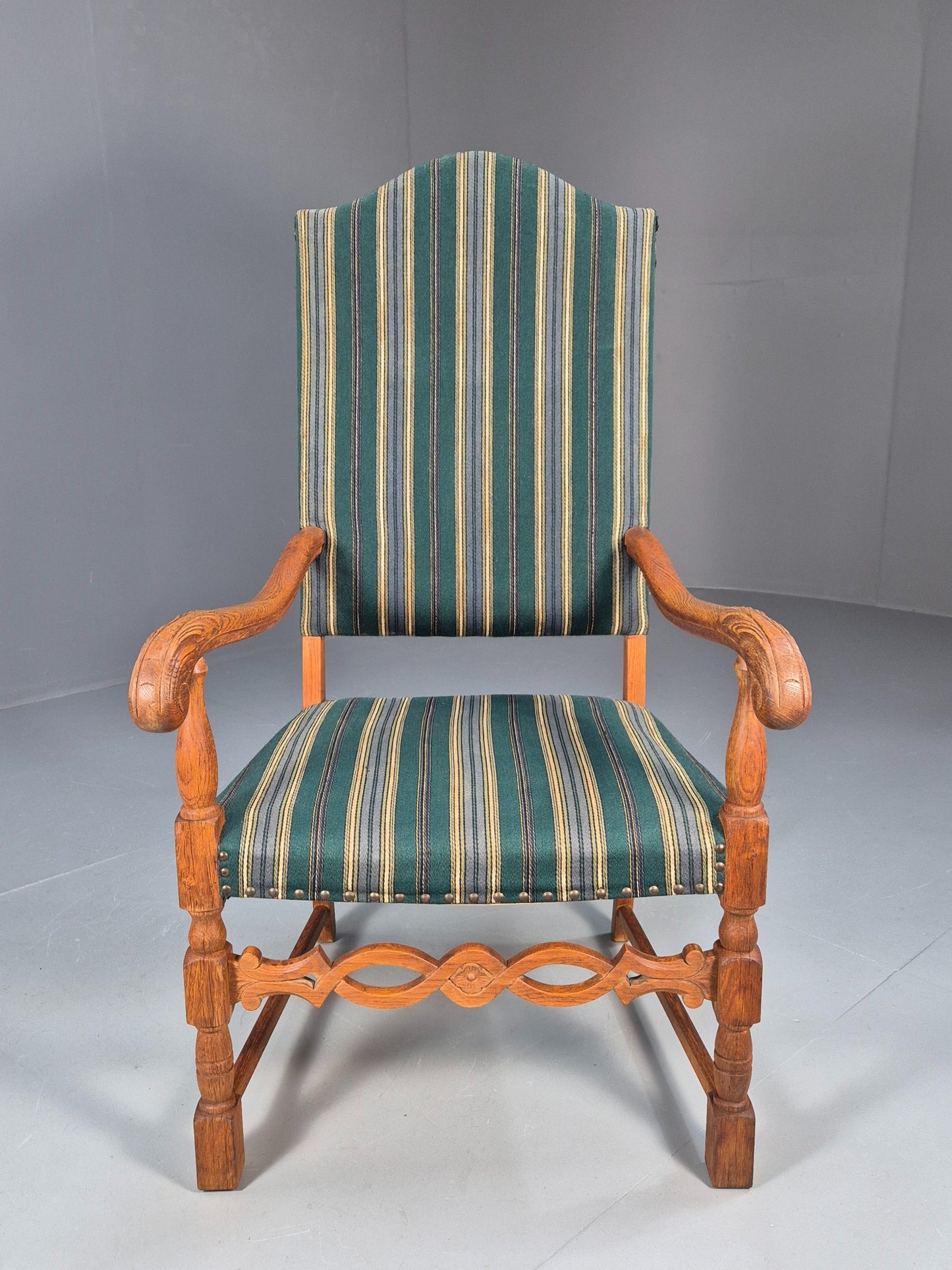 Baroque Style Throne Armchair Oak Frame Wool Stripe Upholstery EB08988