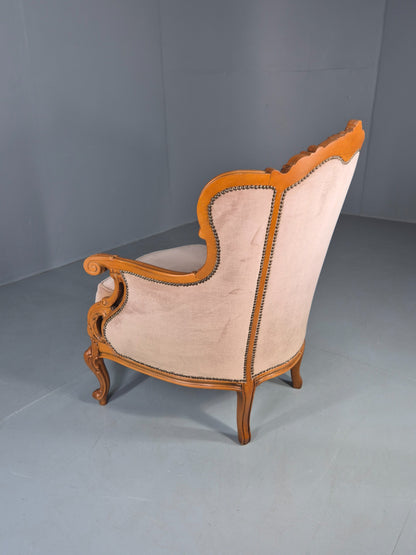 Vintage Danish Rococo Armchair Beech Frame Biege Velour 1970s Retro EB12718