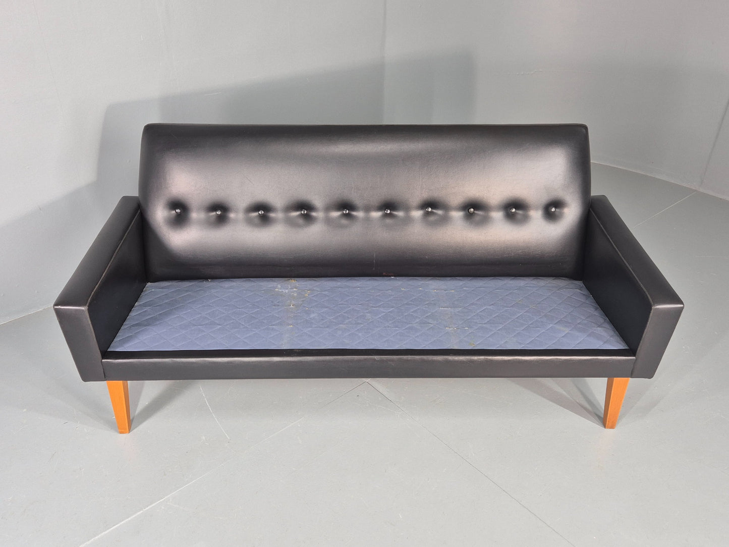 Vintage Three Seat Sofa 1960s Swedish Black Vinyl Upholstery Retro EB11126