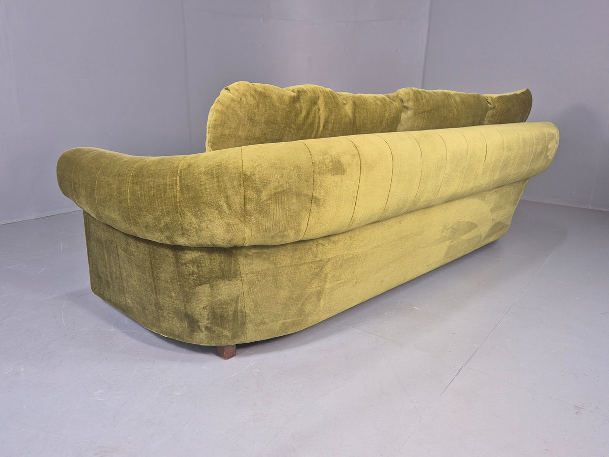 Vintage 3 Seater Sofa 1970s Danish Roll top back Green Velour MCM Retro EB12722