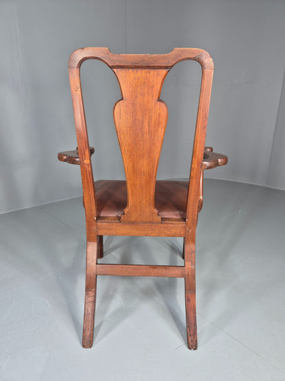 Antique Georgian Elbow Chair Mahogany Frame Leather Seat Splat Back EB11933