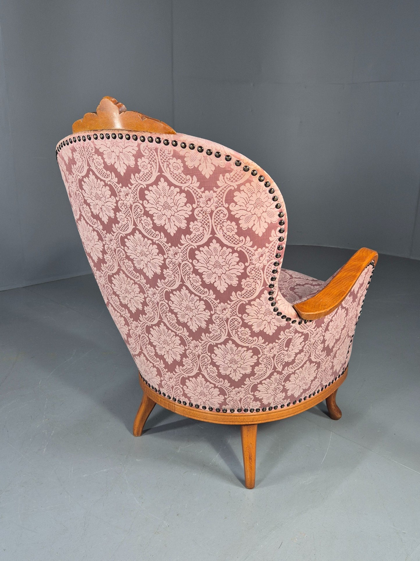 Vintage Danish Rococo Style Arm Chair Pink Floral Damask 20th Century EB12704