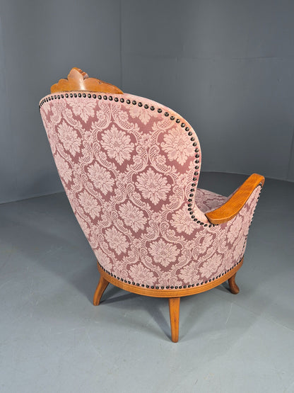 Vintage Danish Rococo Style Arm Chair Pink Floral Damask 20th Century EB12704