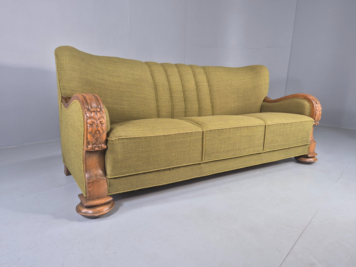 Vintage Danish 3 Seater Sofa Deco Stlyed 1940s Carved Oak Frame Retro EB12673