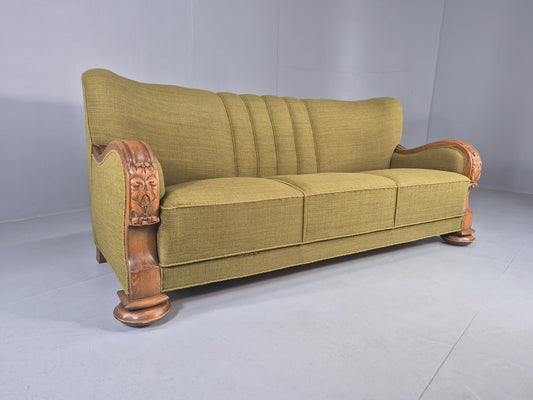 Vintage Danish 3 Seater Sofa Deco Stlyed 1940s Carved Oak Frame Retro EB12673