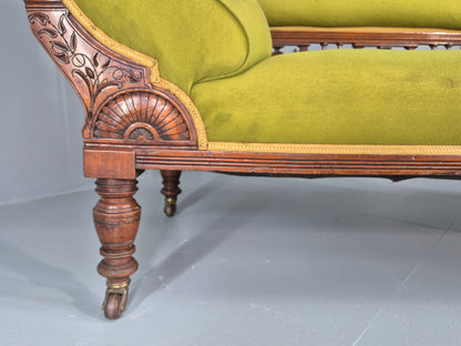 Edwardian Antique Chaise Lounge Green Velvet Velour Oak Frame  EB12458