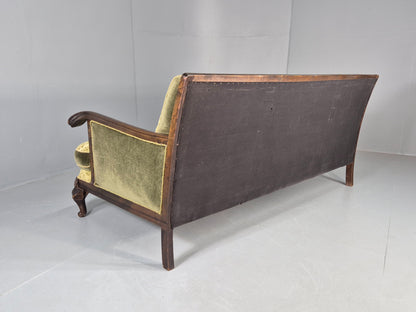 Antique 3 Seater Sofa 1920s Danish Carved Frame Green Moquette  EB12005