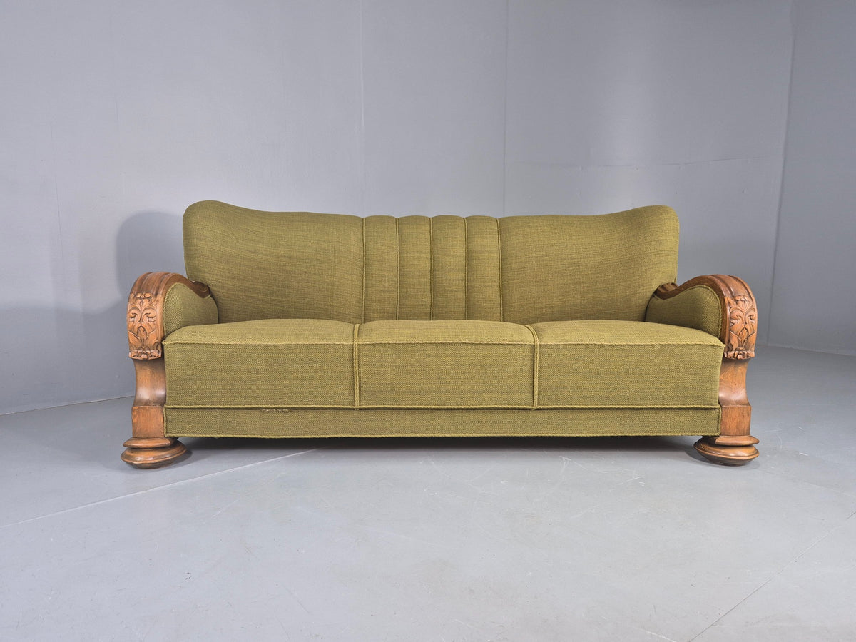 Vintage Danish 3 Seater Sofa Deco Stlyed 1940s Carved Oak Frame Retro EB12673