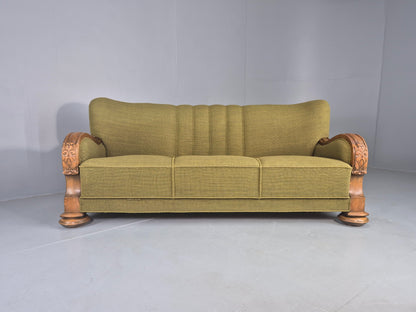 Vintage Danish 3 Seater Sofa Deco Stlyed 1940s Carved Oak Frame Retro EB12673