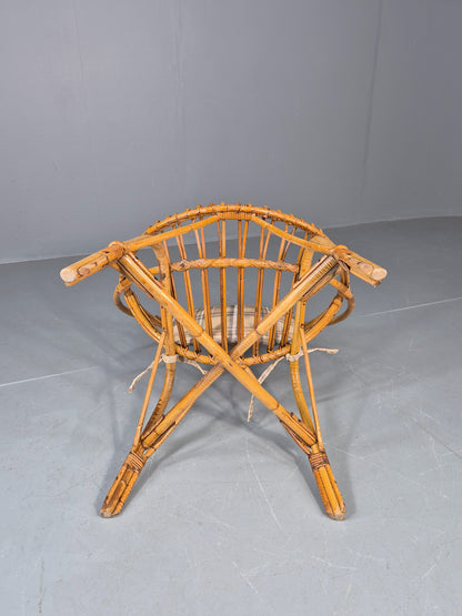 Vintage 1960s Cane Circle Tub Chair Tartan Cushion Retro EB10635