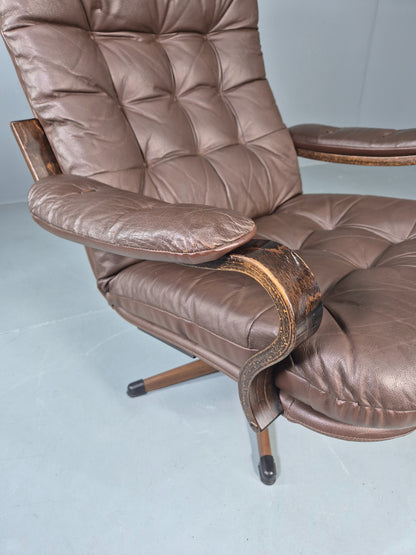 Vintage Danish Leather Swivel Based Lounge Chair 80s Retro Mid Century EB13086