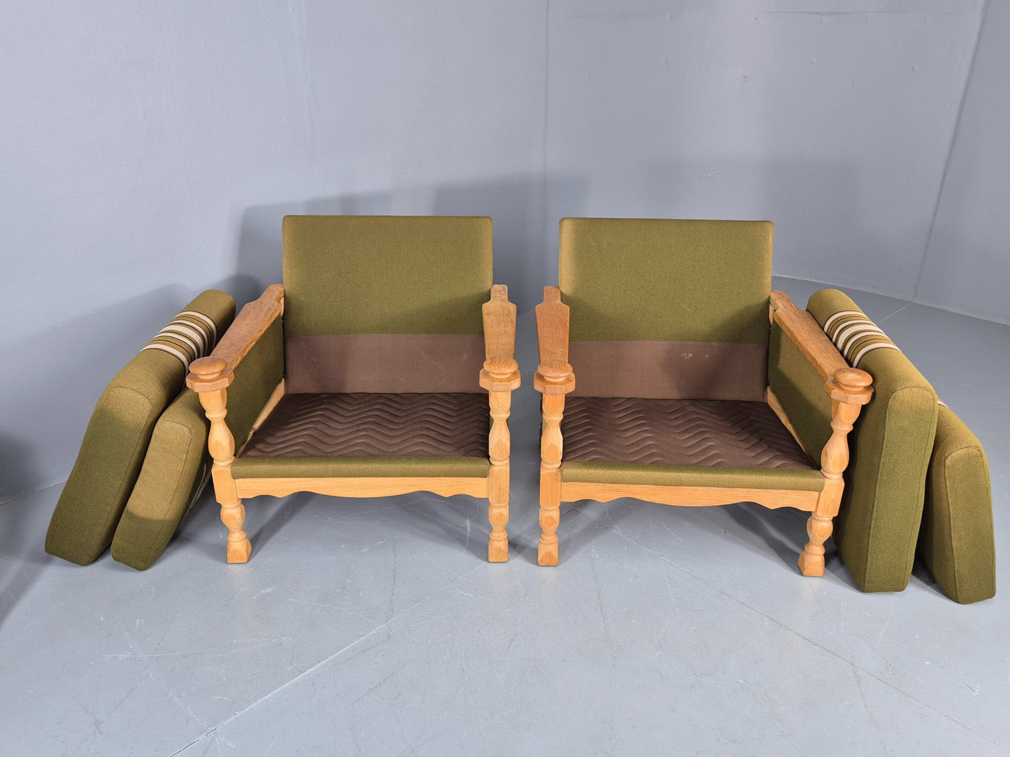 2 vintage Kjaernulf Armchairs with footstool Oak and Green Retro 1970s EB12778