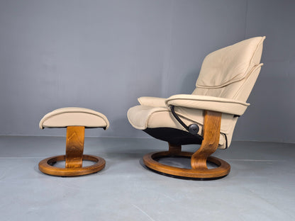 Vintage Stressless Chair and Stool Cream Leather Ekornes Original 1990s EB13078