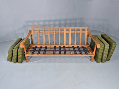 Vintage Danish 3 seater Sofa Oak Kjaenulf Green Cushions 1970s Retro  EB12775