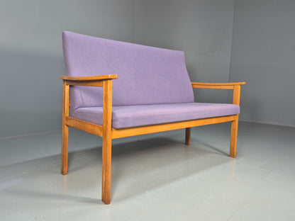 Vintage Danish 2 Seater Bench Sofa Oak Frame Purple Upholstery 1970s MCM EB08693