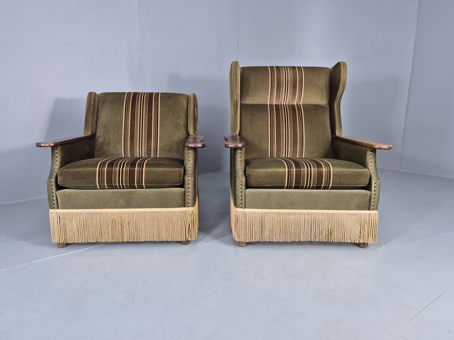 2 Vintage Danish 1970s Lounge Chairs Oak Kjaernulf Arms Green Stripe EB12686