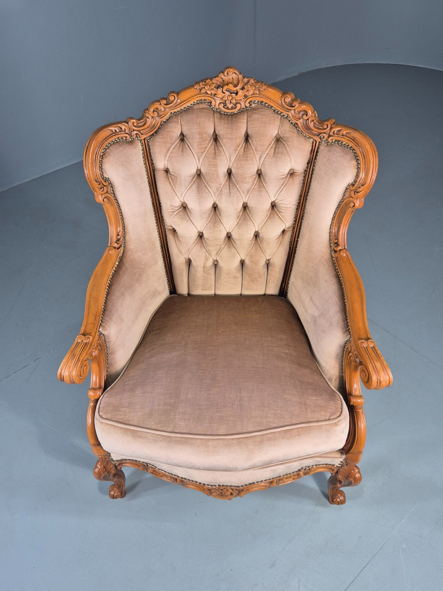 Vintage Danish Rococo Armchair Beech Frame Biege Velour 1970s Retro EB12718