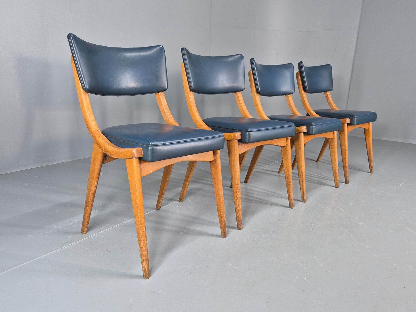 4 Vintage Ben Chairs Blue Vinyl Beech Frames 1960s Retro EB12258