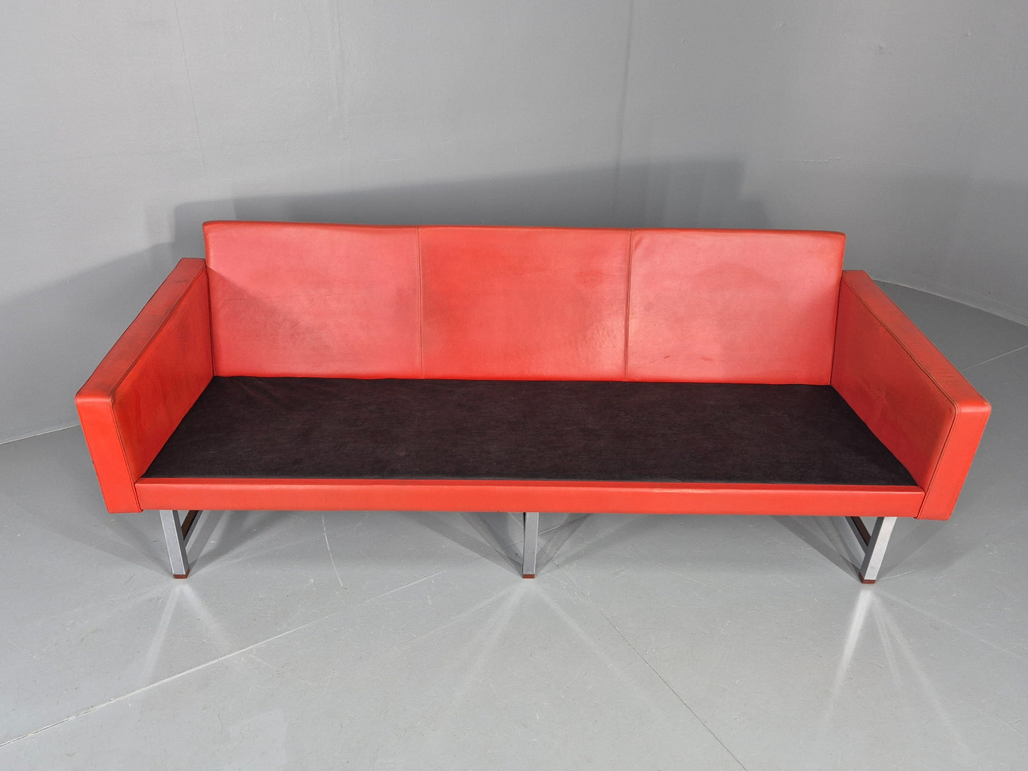 Vintage 3 Seat Sofa 1960s Swedish Red Leather New Cushions MCM Retro  EB11121