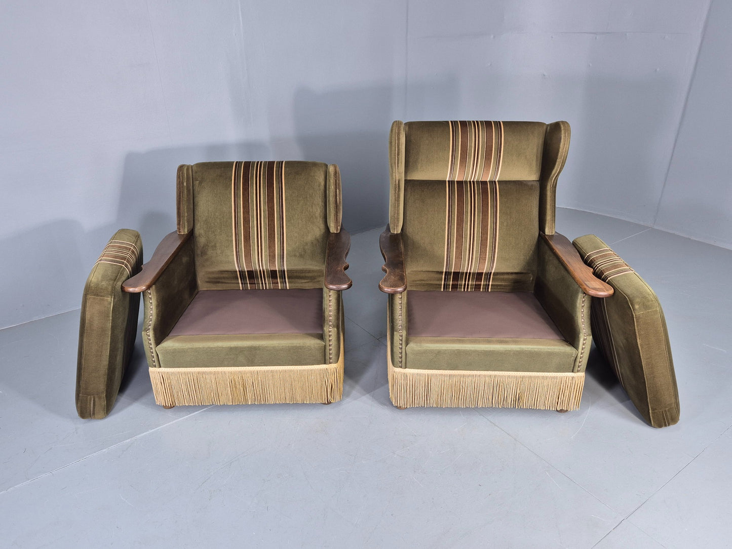 2 Vintage Danish 1970s Lounge Chairs Oak Kjaernulf Arms Green Stripe EB12686