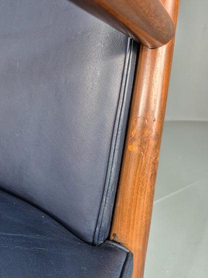 Vintage Mid Century Teak Armchair Blue Leather 1960s Retro EB11895