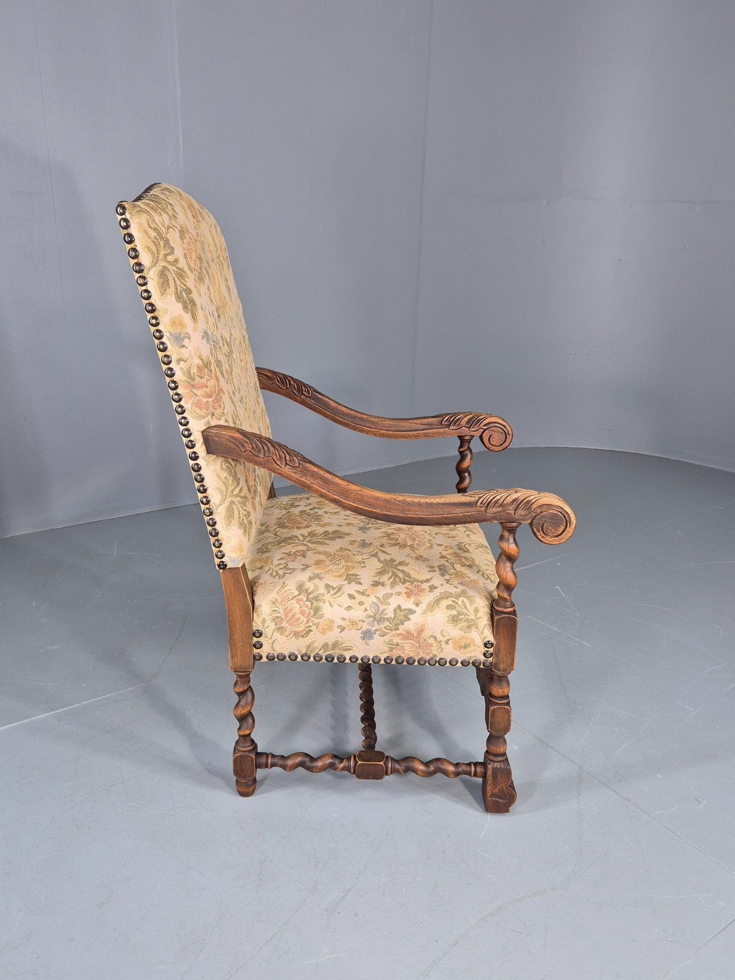 Vintage Baroque Style Armchair Carved Oak Frame 1950s Danish Antique EB12700