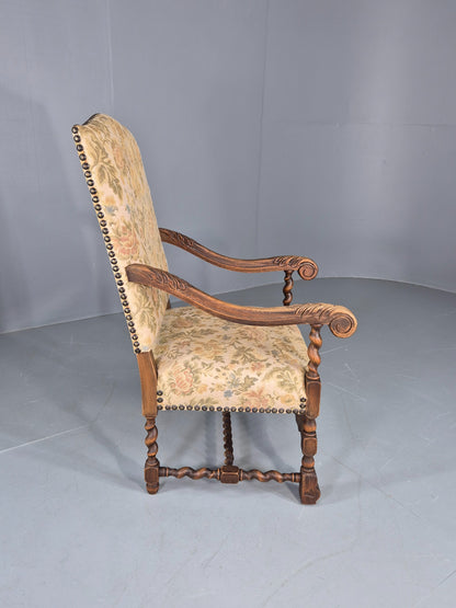 Vintage Baroque Style Armchair Carved Oak Frame 1950s Danish Antique EB12700