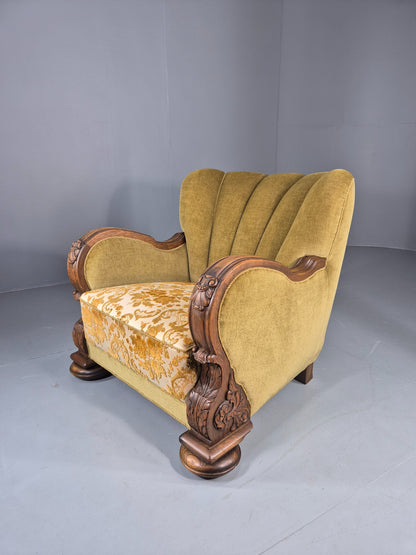 Vintage Danish Art Deco Lounge Chair Carved Oak Frame 1940s Green Floral EB12839