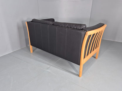 Vintage Stouby 2 Seater Sofa Beech Ends Black Leather 1990s Retro EB12421