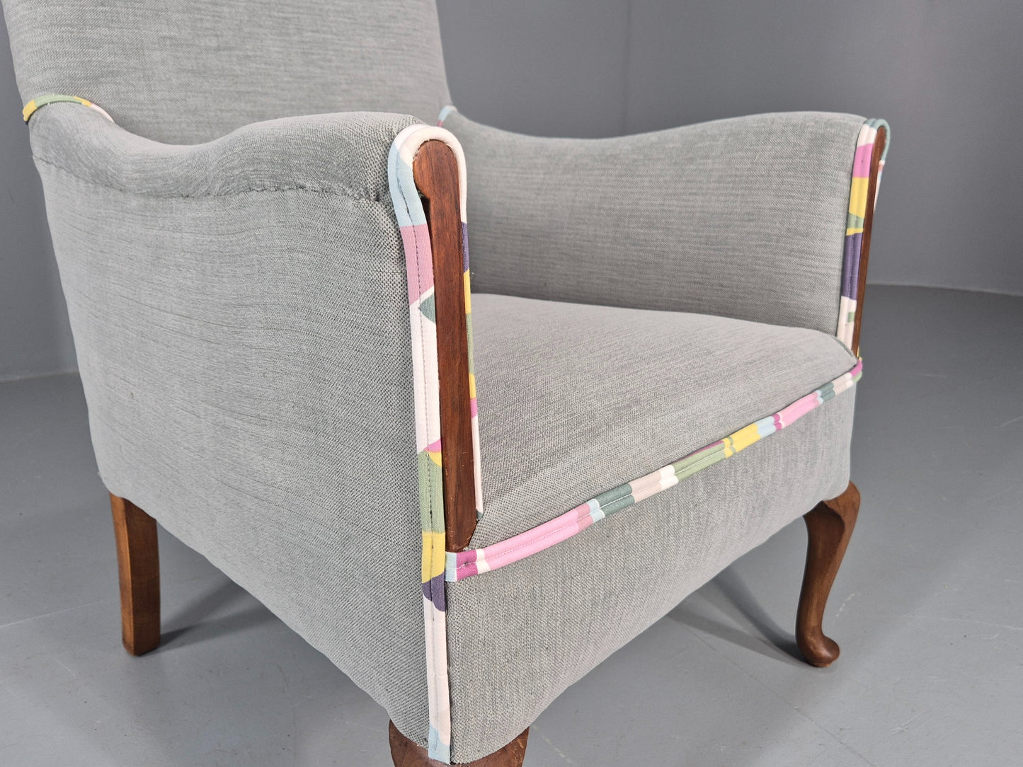 Vintage 1920s Armchair Reupholstered in Grey Green with Colour Accent EB11824