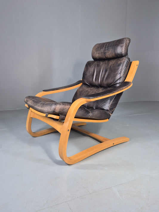 Vintage 1970s Danish Lounge Chair Black Leather and Bentwood MCM Retro EB13082