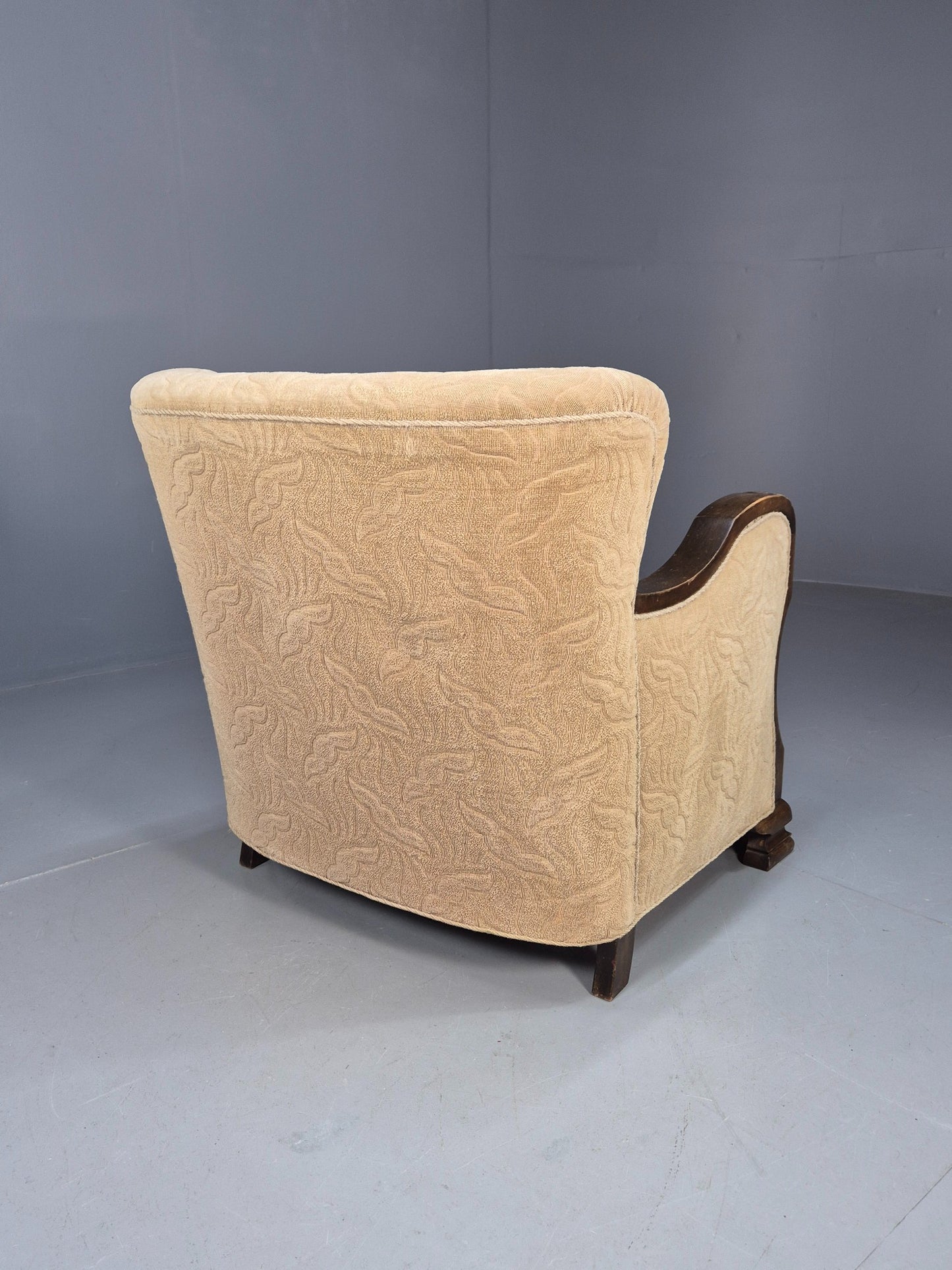 Antique Danish Art Deco Armchair Cream Moquette Beech Frame 1920s EB02887