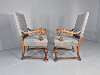 2 Vintage Danish Baroque Revival Lounge Chairs Oak Frame Tapestry Floral EB12643