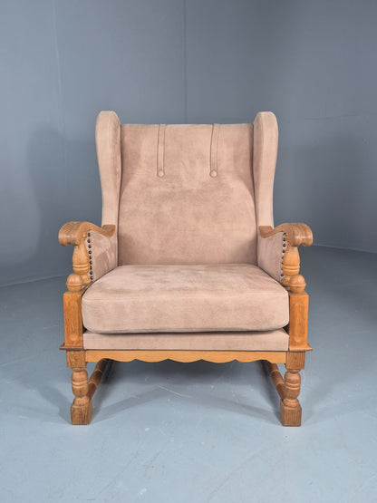 Vintage Wing Back Lounge Chair 1970s Danish Faux Suede on Oak Frame EB12774