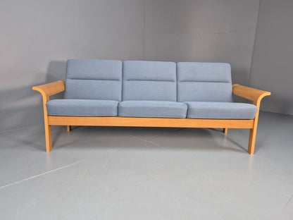 Vintage Danish Magnus Olesen Sofa Oak and Blue Wool 1970s EB9377 M3SS