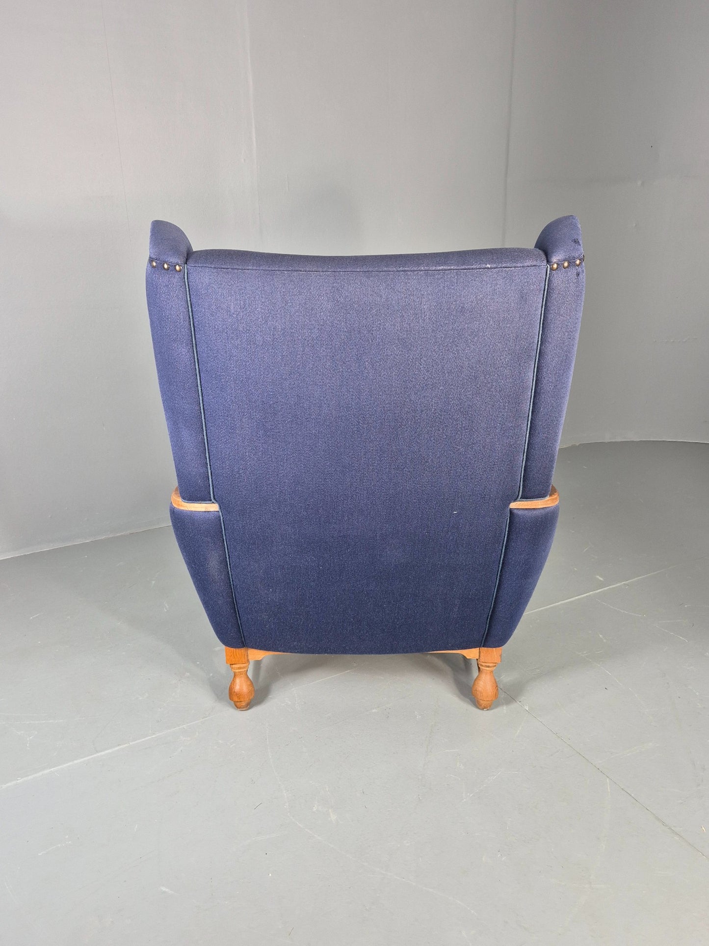 Vintage Danish Lounge Wing Chair Oak Frame Blue Wool 1970s  Retro MCM EB12771