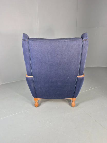 Vintage Danish Lounge Wing Chair Oak Frame Blue Wool 1970s  Retro MCM EB12771
