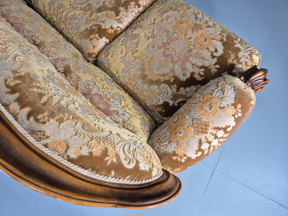 Vintage Danish 1970s 3 seater Sofa Gold Floral Upholstery Hardwood Frame EB12743