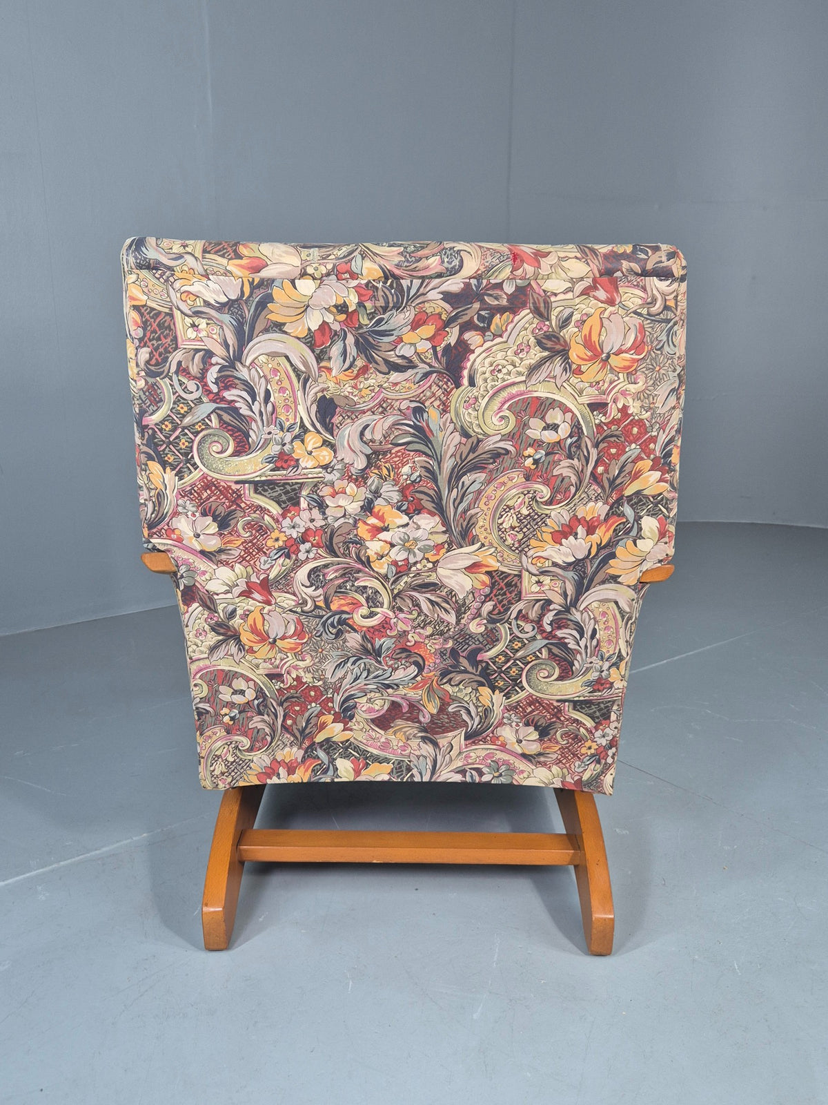 Vintage Mid Century Rocking Chair Floral Print Synthetic Fabric 1970s EB12920