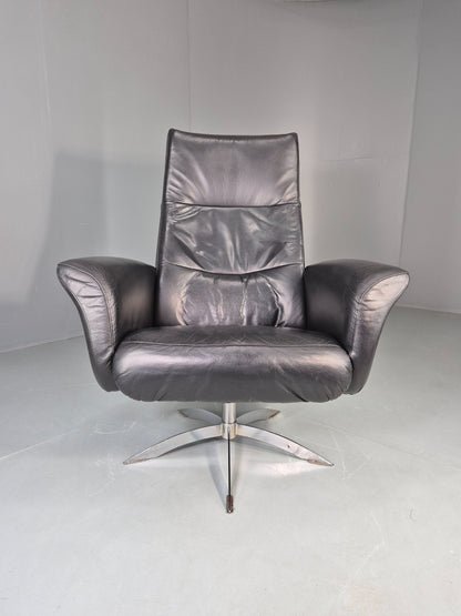 Vintage Hjort Knudsen Black Leather and Chrome Swivel Lounge Chair Retro EB13083