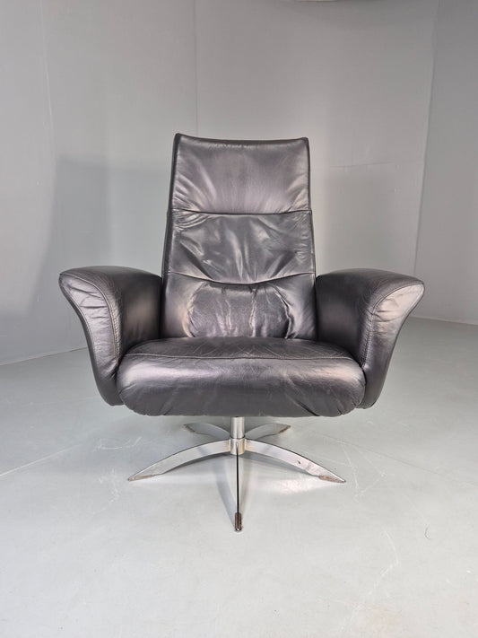 Vintage Hjort Knudsen Black Leather and Chrome Swivel Lounge Chair Retro EB13083