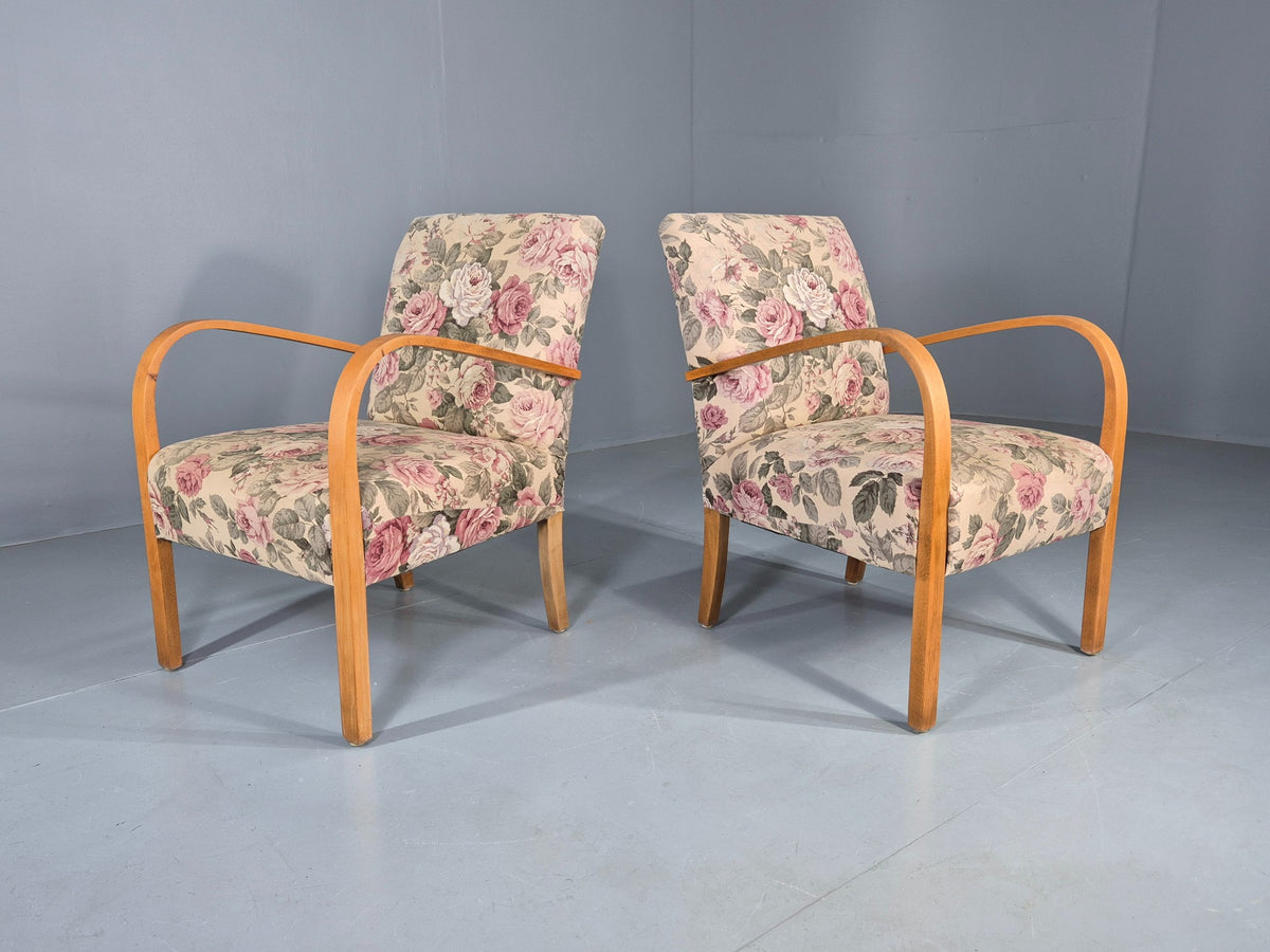 2 Vintage Danish Lounge Chairs 1950s Deco Bentwood Floral Print Retro EB12644