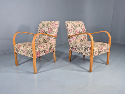 2 Vintage Danish Lounge Chairs 1950s Deco Bentwood Floral Print Retro EB12644