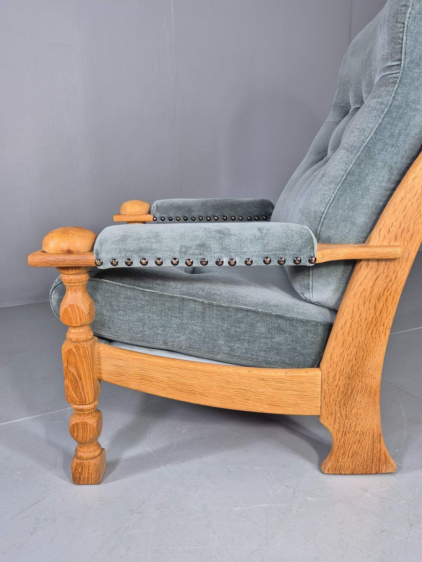 Vintage Danish 1970s Oak Lounge Chair Blue Velour Upholstery Retro EB12709